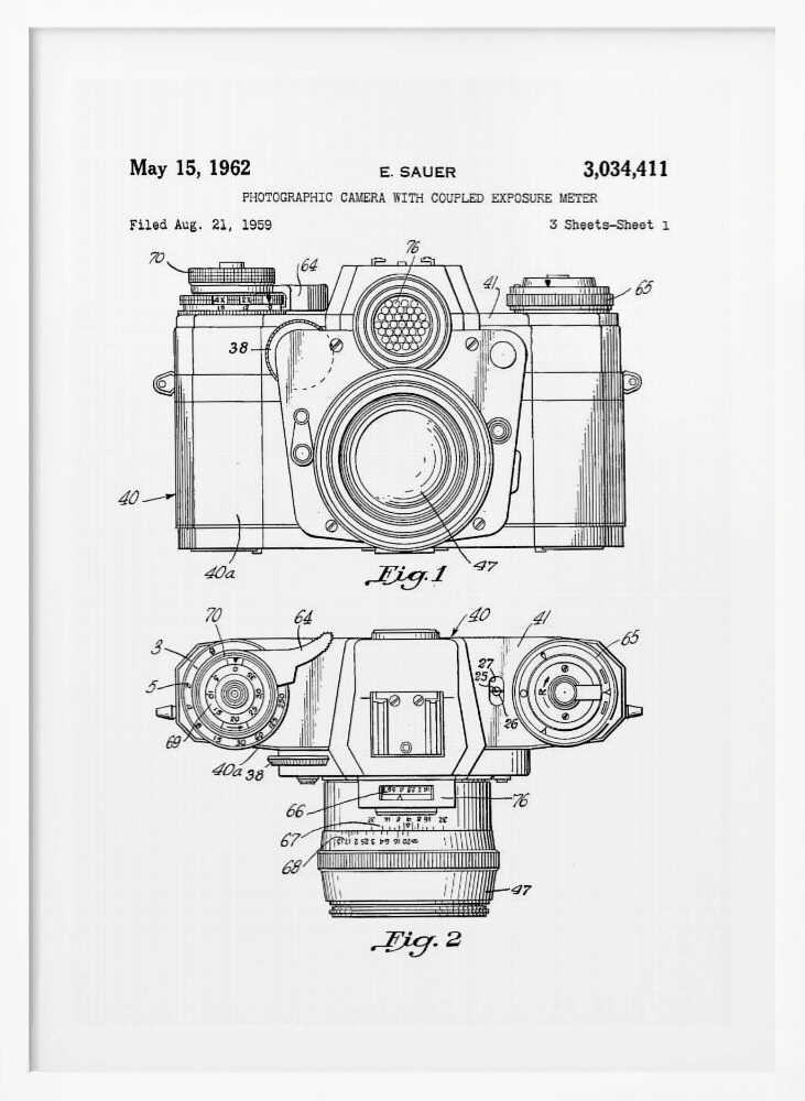 A framed black and white patent illustration of a vintage camera from 1962. It shows two detailed technical drawings, a front view and a top-down view, with numbered parts. Text at the top reads 'May 15, 1962', 'E. SAUER', and the patent number '3,034,411'. Wall Art
