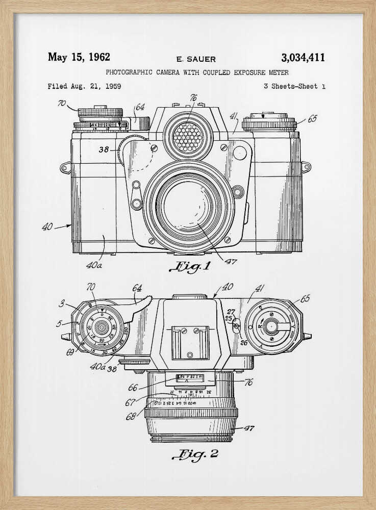 A framed black and white patent illustration of a vintage camera from 1962. It shows two detailed technical drawings, a front view and a top-down view, with numbered parts. Text at the top reads 'May 15, 1962', 'E. SAUER', and the patent number '3,034,411'. Wall Art