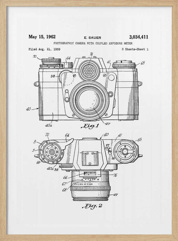 A framed black and white patent illustration of a vintage camera from 1962. It shows two detailed technical drawings, a front view and a top-down view, with numbered parts. Text at the top reads 'May 15, 1962', 'E. SAUER', and the patent number '3,034,411'. Wall Art