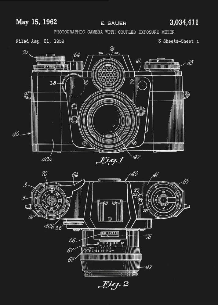 A framed patent illustration of a photographic camera from 1962, presented as a white line drawing on a black background. The poster shows two figures: Fig. 1 is a front view of the camera, and Fig. 2 is a top-down view. Both diagrams are detailed with numbers and lines pointing to various components. The top of the poster includes text with the patent date, inventor's name (E. Sauer), and patent number. Poster