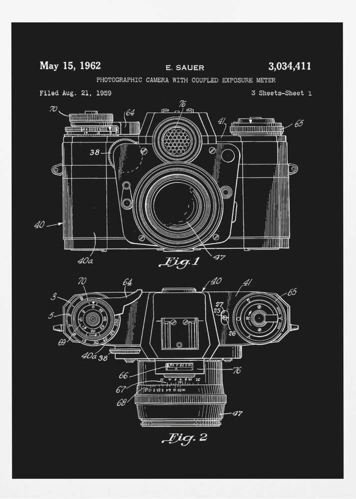 A framed patent illustration of a photographic camera from 1962, presented as a white line drawing on a black background. The poster shows two figures: Fig. 1 is a front view of the camera, and Fig. 2 is a top-down view. Both diagrams are detailed with numbers and lines pointing to various components. The top of the poster includes text with the patent date, inventor's name (E. Sauer), and patent number. Poster