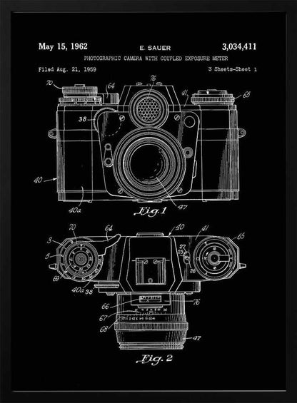A framed patent illustration of a photographic camera from 1962, presented as a white line drawing on a black background. The poster shows two figures: Fig. 1 is a front view of the camera, and Fig. 2 is a top-down view. Both diagrams are detailed with numbers and lines pointing to various components. The top of the poster includes text with the patent date, inventor's name (E. Sauer), and patent number. Poster