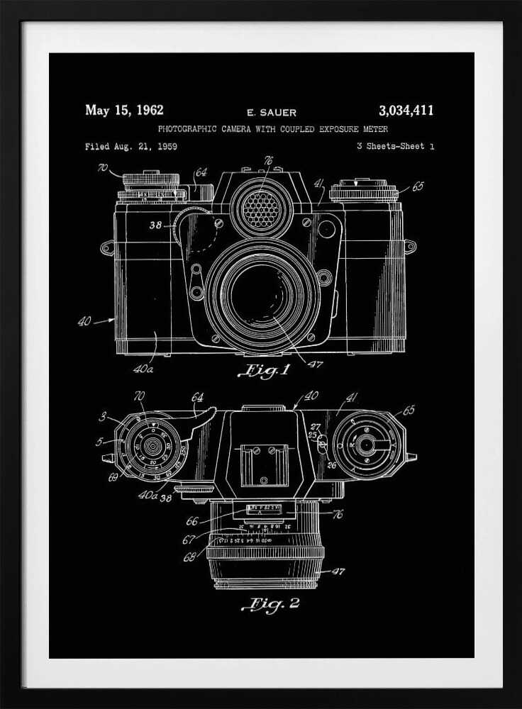 A framed patent illustration of a photographic camera from 1962, presented as a white line drawing on a black background. The poster shows two figures: Fig. 1 is a front view of the camera, and Fig. 2 is a top-down view. Both diagrams are detailed with numbers and lines pointing to various components. The top of the poster includes text with the patent date, inventor's name (E. Sauer), and patent number. Poster