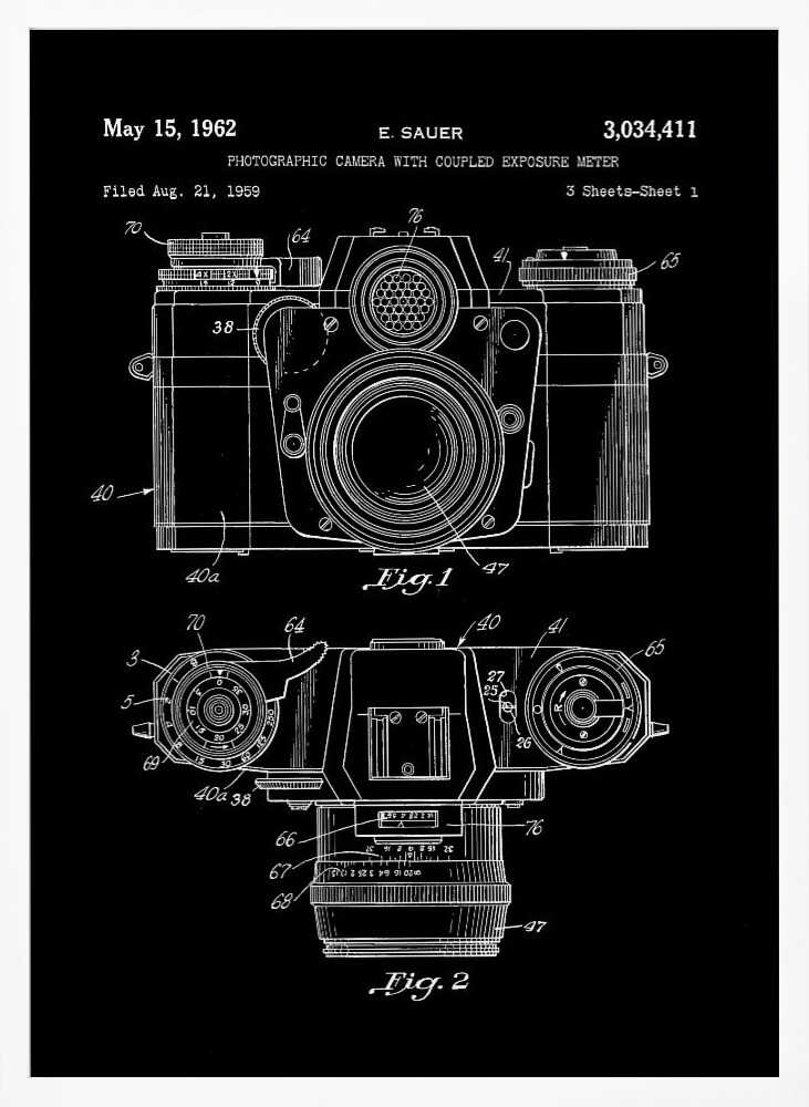 A framed patent illustration of a photographic camera from 1962, presented as a white line drawing on a black background. The poster shows two figures: Fig. 1 is a front view of the camera, and Fig. 2 is a top-down view. Both diagrams are detailed with numbers and lines pointing to various components. The top of the poster includes text with the patent date, inventor's name (E. Sauer), and patent number. Poster