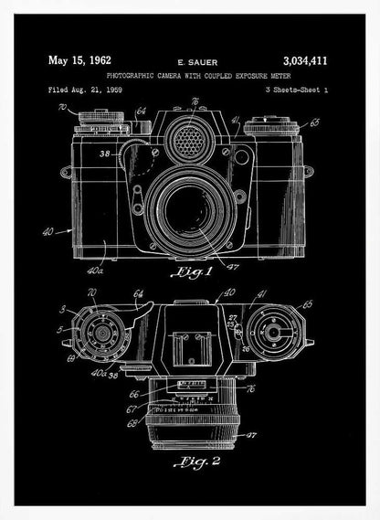 A framed patent illustration of a photographic camera from 1962, presented as a white line drawing on a black background. The poster shows two figures: Fig. 1 is a front view of the camera, and Fig. 2 is a top-down view. Both diagrams are detailed with numbers and lines pointing to various components. The top of the poster includes text with the patent date, inventor's name (E. Sauer), and patent number. Poster