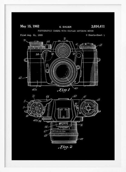 A framed patent illustration of a photographic camera from 1962, presented as a white line drawing on a black background. The poster shows two figures: Fig. 1 is a front view of the camera, and Fig. 2 is a top-down view. Both diagrams are detailed with numbers and lines pointing to various components. The top of the poster includes text with the patent date, inventor's name (E. Sauer), and patent number. Poster