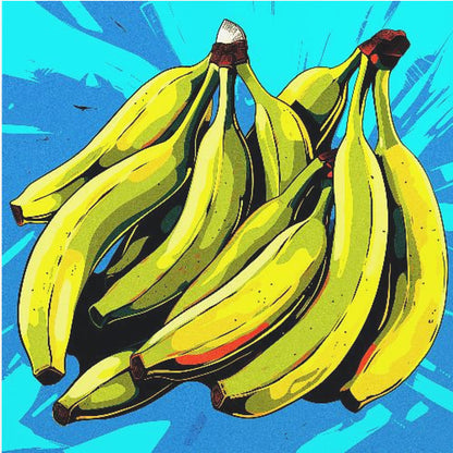 A vibrant pop art illustration of a large bunch of yellow-green bananas against a bright, textured blue background, all enclosed in a simple light wood frame. Decor