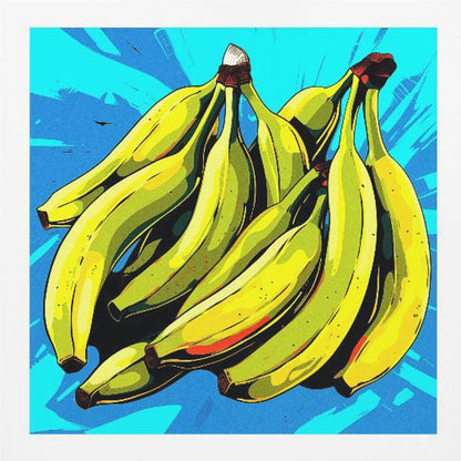 A vibrant pop art illustration of a large bunch of yellow-green bananas against a bright, textured blue background, all enclosed in a simple light wood frame. Decor