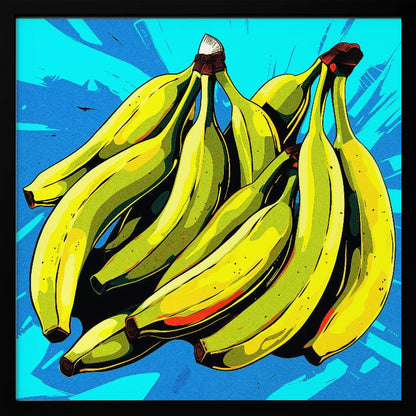 A vibrant pop art illustration of a large bunch of yellow-green bananas against a bright, textured blue background, all enclosed in a simple light wood frame. Decor