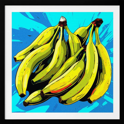 A vibrant pop art illustration of a large bunch of yellow-green bananas against a bright, textured blue background, all enclosed in a simple light wood frame. Decor