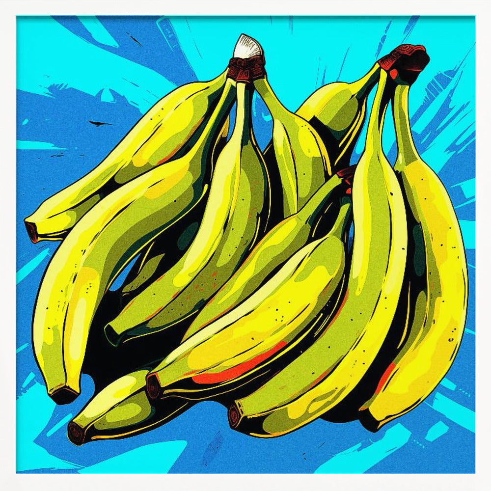 A vibrant pop art illustration of a large bunch of yellow-green bananas against a bright, textured blue background, all enclosed in a simple light wood frame. Decor