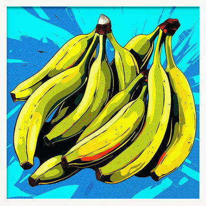 A vibrant pop art illustration of a large bunch of yellow-green bananas against a bright, textured blue background, all enclosed in a simple light wood frame. Decor
