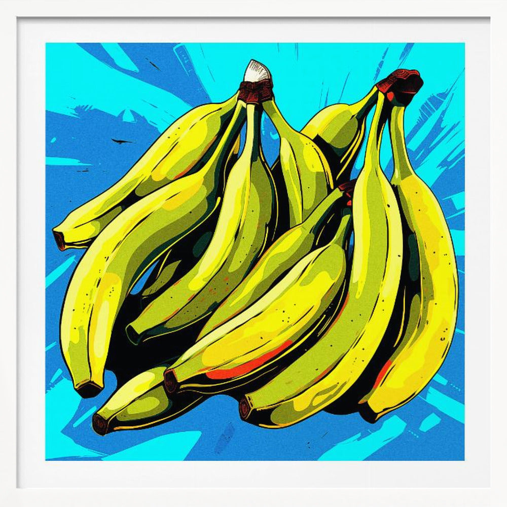 A vibrant pop art illustration of a large bunch of yellow-green bananas against a bright, textured blue background, all enclosed in a simple light wood frame. Decor
