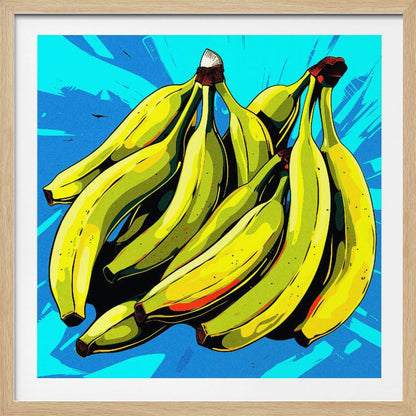 A vibrant pop art illustration of a large bunch of yellow-green bananas against a bright, textured blue background, all enclosed in a simple light wood frame. Decor