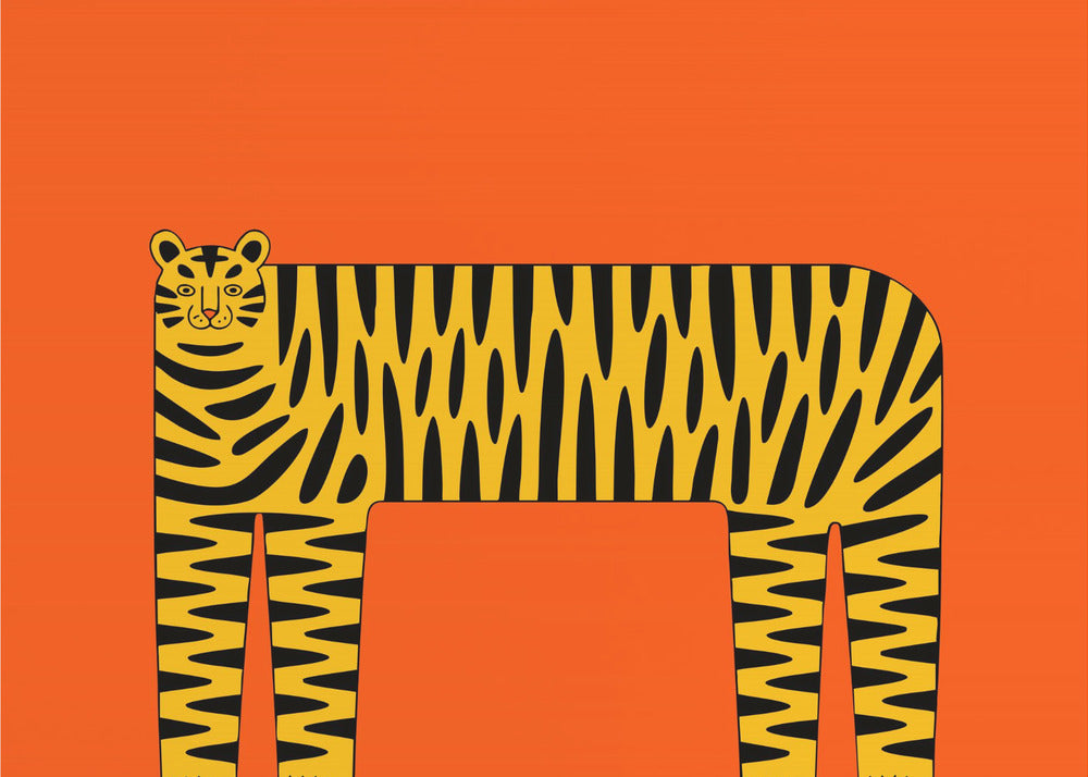 A stylized illustration of a tiger with a long, rectangular body and bold black stripes on a yellow coat, set against a solid, bright orange background and enclosed in a silver frame. Decor