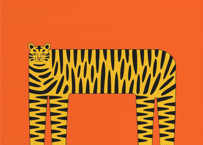 A stylized illustration of a tiger with a long, rectangular body and bold black stripes on a yellow coat, set against a solid, bright orange background and enclosed in a silver frame. Decor