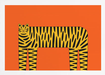 A stylized illustration of a tiger with a long, rectangular body and bold black stripes on a yellow coat, set against a solid, bright orange background and enclosed in a silver frame. Decor