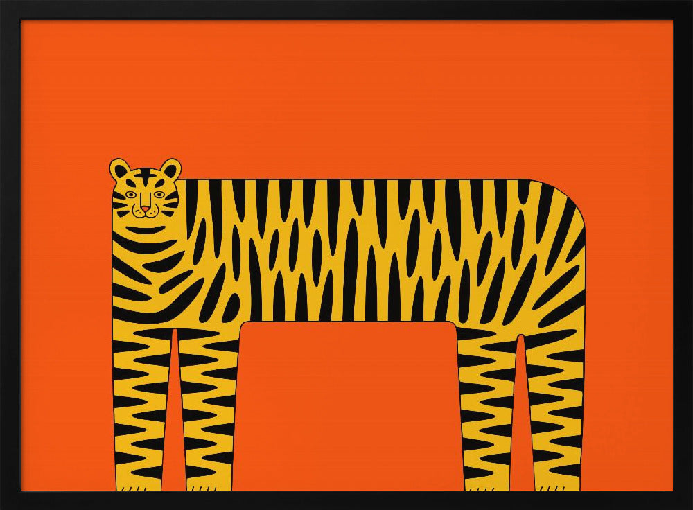 A stylized illustration of a tiger with a long, rectangular body and bold black stripes on a yellow coat, set against a solid, bright orange background and enclosed in a silver frame. Decor