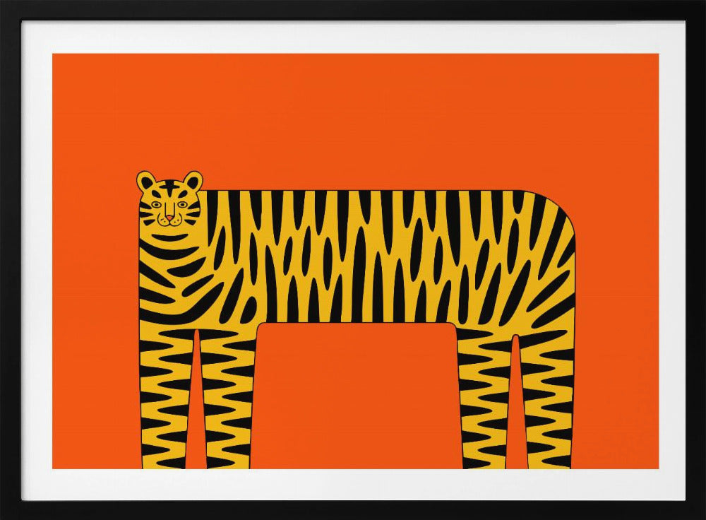 A stylized illustration of a tiger with a long, rectangular body and bold black stripes on a yellow coat, set against a solid, bright orange background and enclosed in a silver frame. Decor