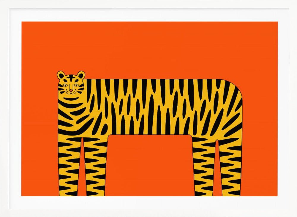 A stylized illustration of a tiger with a long, rectangular body and bold black stripes on a yellow coat, set against a solid, bright orange background and enclosed in a silver frame. Decor