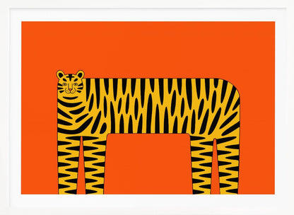 A stylized illustration of a tiger with a long, rectangular body and bold black stripes on a yellow coat, set against a solid, bright orange background and enclosed in a silver frame. Decor