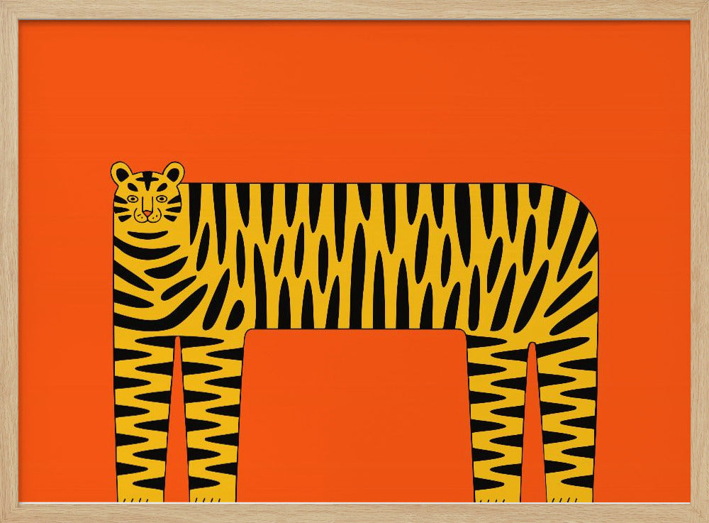 A stylized illustration of a tiger with a long, rectangular body and bold black stripes on a yellow coat, set against a solid, bright orange background and enclosed in a silver frame. Decor