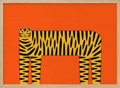 A stylized illustration of a tiger with a long, rectangular body and bold black stripes on a yellow coat, set against a solid, bright orange background and enclosed in a silver frame. Decor