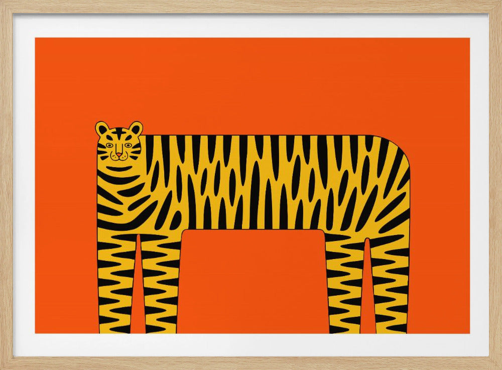 A stylized illustration of a tiger with a long, rectangular body and bold black stripes on a yellow coat, set against a solid, bright orange background and enclosed in a silver frame. Decor