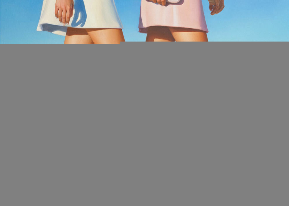 A pop art style painting of the legs of two women wearing matching pink cowboy boots and short skirts, walking across a reflective blue surface that mirrors their steps. The background is a gradient of blue and lavender, and the entire image is contained within a silver frame. Wall Art