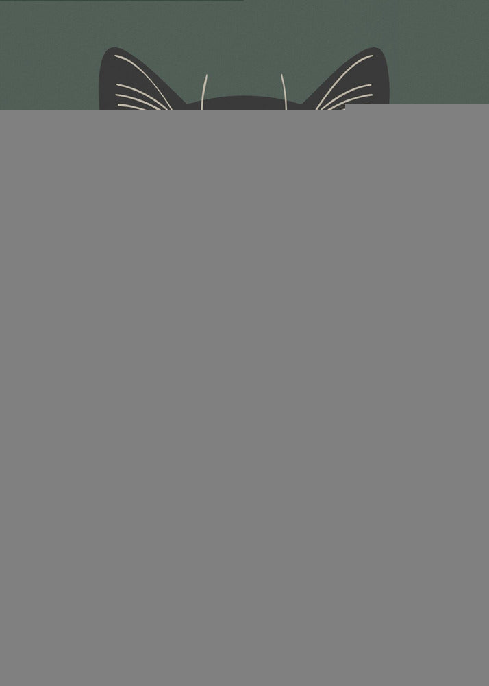 A modern graphic illustration of a black cat wearing a black and beige vertically striped shirt. The cat is holding a brown striped mug with both paws against a dark green background. Wall Art