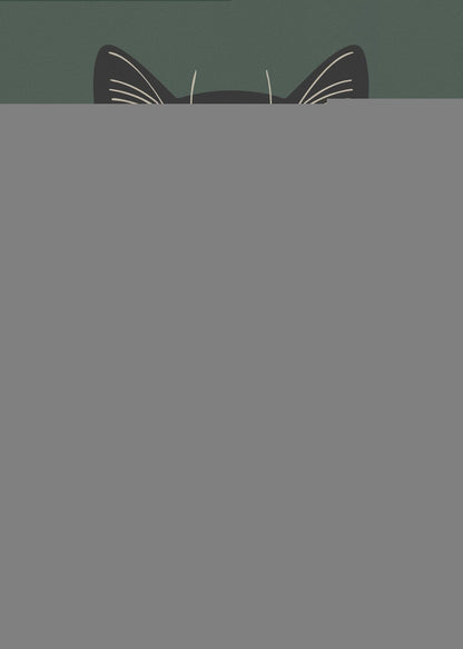 A modern graphic illustration of a black cat wearing a black and beige vertically striped shirt. The cat is holding a brown striped mug with both paws against a dark green background. Wall Art