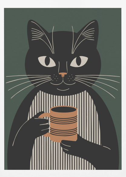 A modern graphic illustration of a black cat wearing a black and beige vertically striped shirt. The cat is holding a brown striped mug with both paws against a dark green background. Wall Art