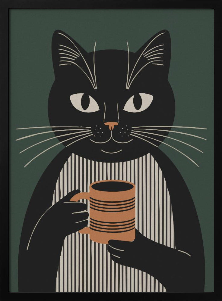 A modern graphic illustration of a black cat wearing a black and beige vertically striped shirt. The cat is holding a brown striped mug with both paws against a dark green background. Wall Art