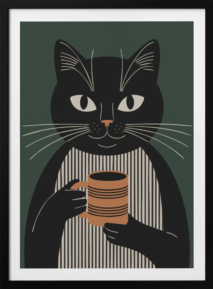 A modern graphic illustration of a black cat wearing a black and beige vertically striped shirt. The cat is holding a brown striped mug with both paws against a dark green background. Wall Art