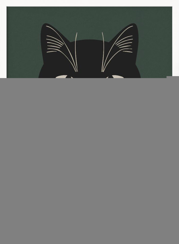 A modern graphic illustration of a black cat wearing a black and beige vertically striped shirt. The cat is holding a brown striped mug with both paws against a dark green background. Wall Art