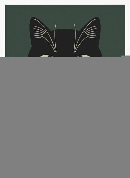 A modern graphic illustration of a black cat wearing a black and beige vertically striped shirt. The cat is holding a brown striped mug with both paws against a dark green background. Wall Art