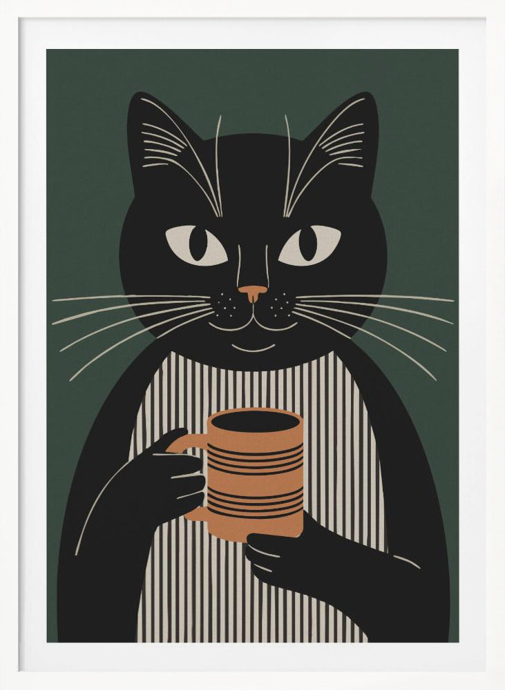 A modern graphic illustration of a black cat wearing a black and beige vertically striped shirt. The cat is holding a brown striped mug with both paws against a dark green background. Wall Art