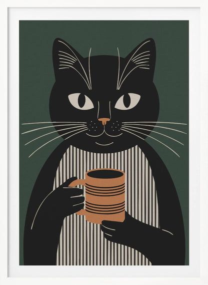 A modern graphic illustration of a black cat wearing a black and beige vertically striped shirt. The cat is holding a brown striped mug with both paws against a dark green background. Wall Art