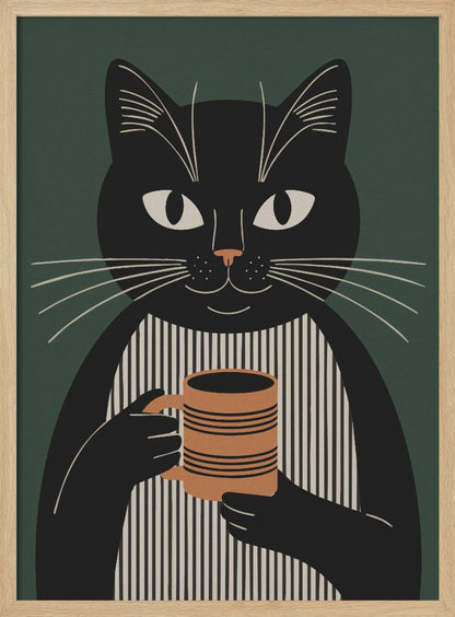 A modern graphic illustration of a black cat wearing a black and beige vertically striped shirt. The cat is holding a brown striped mug with both paws against a dark green background. Wall Art