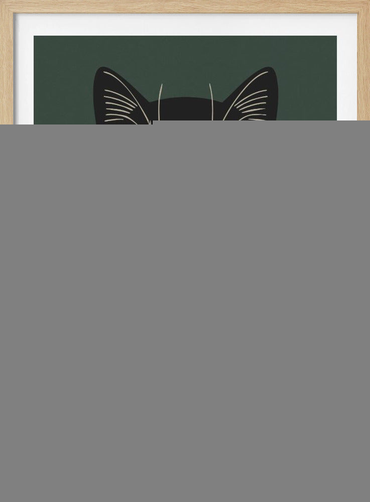A modern graphic illustration of a black cat wearing a black and beige vertically striped shirt. The cat is holding a brown striped mug with both paws against a dark green background. Wall Art