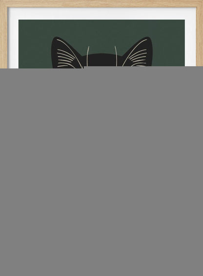 A modern graphic illustration of a black cat wearing a black and beige vertically striped shirt. The cat is holding a brown striped mug with both paws against a dark green background. Wall Art