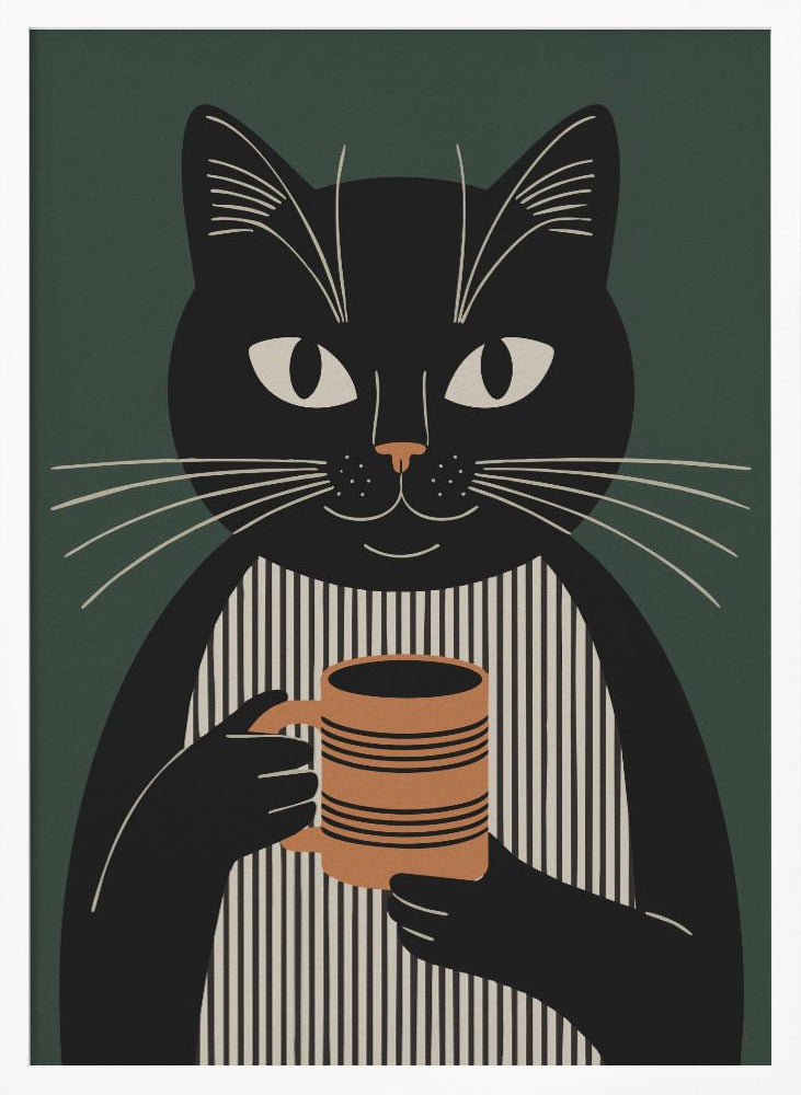 A modern graphic illustration of a black cat wearing a black and beige vertically striped shirt. The cat is holding a brown striped mug with both paws against a dark green background. Wall Art