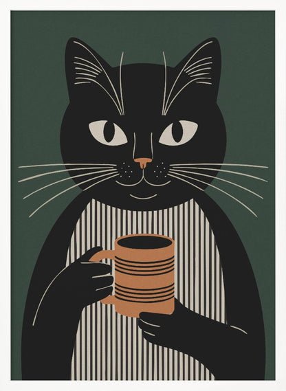A modern graphic illustration of a black cat wearing a black and beige vertically striped shirt. The cat is holding a brown striped mug with both paws against a dark green background. Wall Art