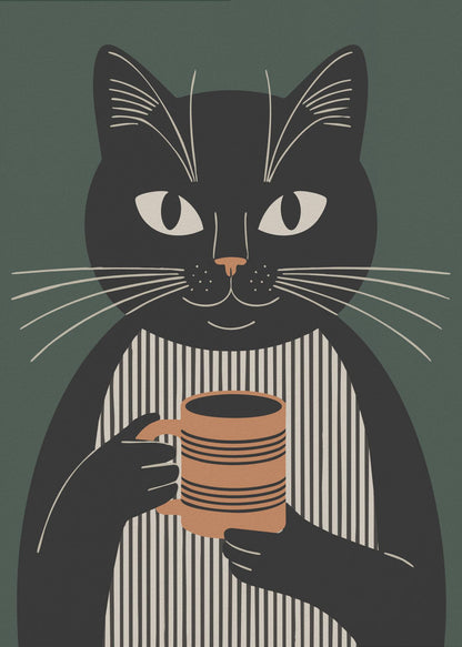 A modern graphic illustration of a black cat wearing a black and beige vertically striped shirt. The cat is holding a brown striped mug with both paws against a dark green background. Wall Art