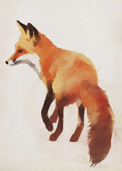 A framed watercolor painting of a red fox. The fox is shown in profile, walking to the left, with its body rendered in blended shades of orange, yellow, and dark brown. It stands against a textured, off-white background. Poster