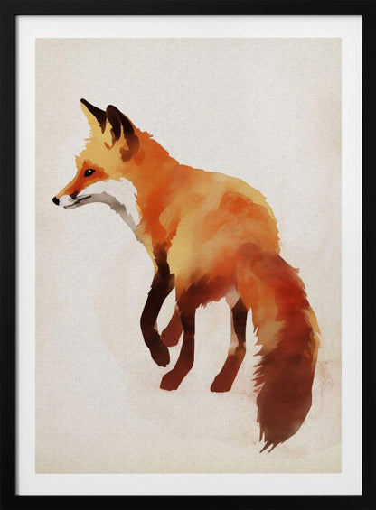 A framed watercolor painting of a red fox. The fox is shown in profile, walking to the left, with its body rendered in blended shades of orange, yellow, and dark brown. It stands against a textured, off-white background. Poster
