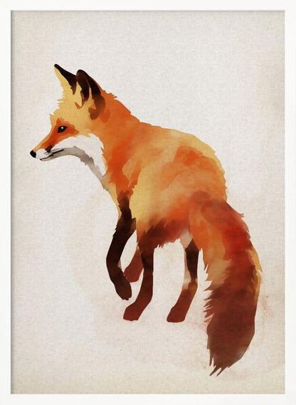 A framed watercolor painting of a red fox. The fox is shown in profile, walking to the left, with its body rendered in blended shades of orange, yellow, and dark brown. It stands against a textured, off-white background. Poster