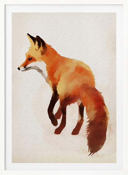 A framed watercolor painting of a red fox. The fox is shown in profile, walking to the left, with its body rendered in blended shades of orange, yellow, and dark brown. It stands against a textured, off-white background. Poster