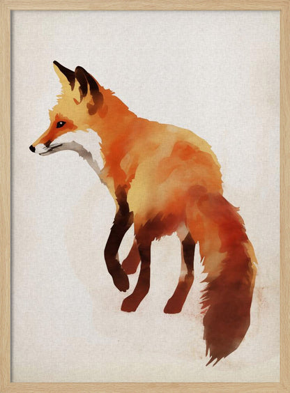 A framed watercolor painting of a red fox. The fox is shown in profile, walking to the left, with its body rendered in blended shades of orange, yellow, and dark brown. It stands against a textured, off-white background. Poster