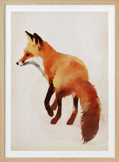 A framed watercolor painting of a red fox. The fox is shown in profile, walking to the left, with its body rendered in blended shades of orange, yellow, and dark brown. It stands against a textured, off-white background. Poster